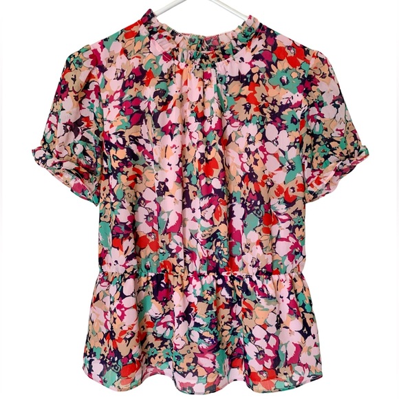 J Crew blouse top S floral ruffle neck chiffon elastic waist short sleeve - Picture 2 of 5